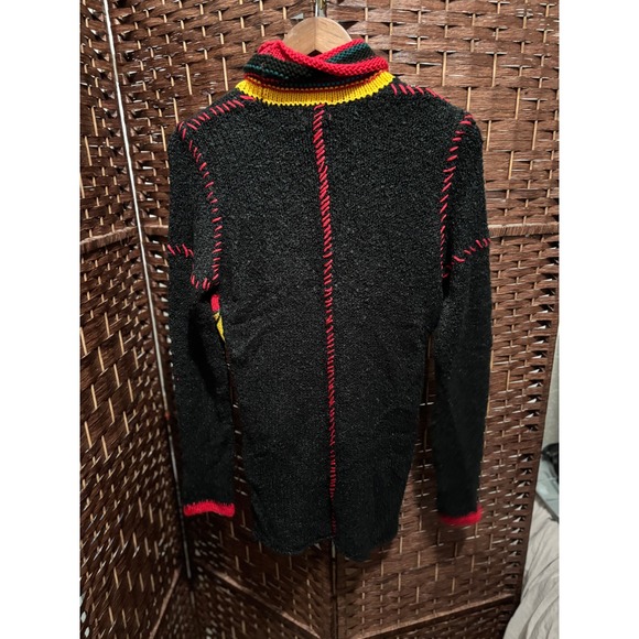 Boho Turtleneck‎ Sweater M Black Knit Pullover Geometric Colorful Design - Picture 2 of 12